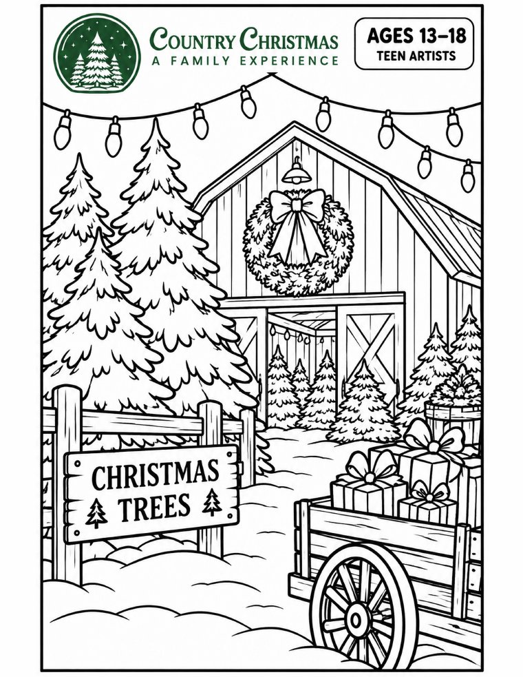Preview of the Country Christmas Tree Lot coloring sheet