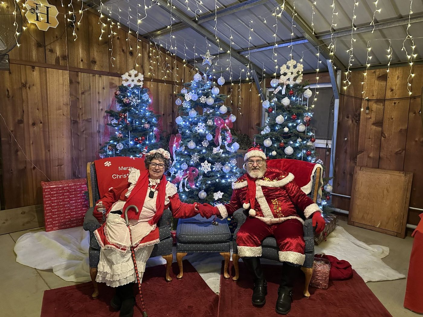 Santa and Mrs. Claus seated between decorated Christmas trees